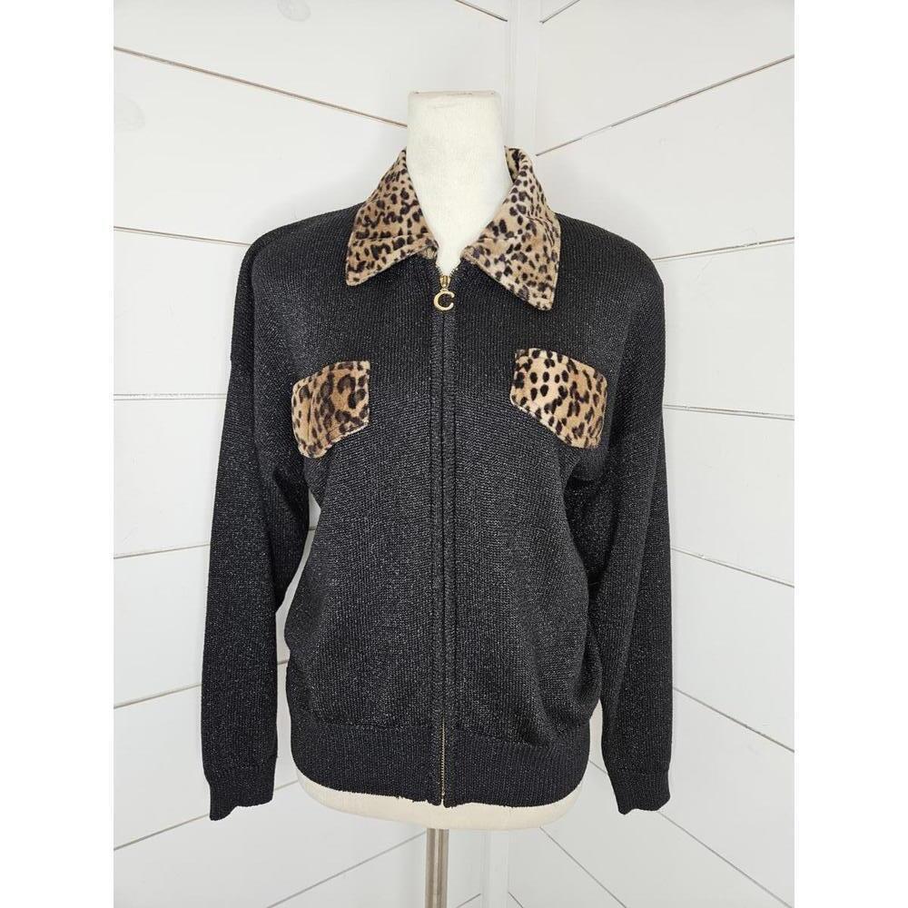 Y2K Cache medium black metallic cardigan sweater with animal print details